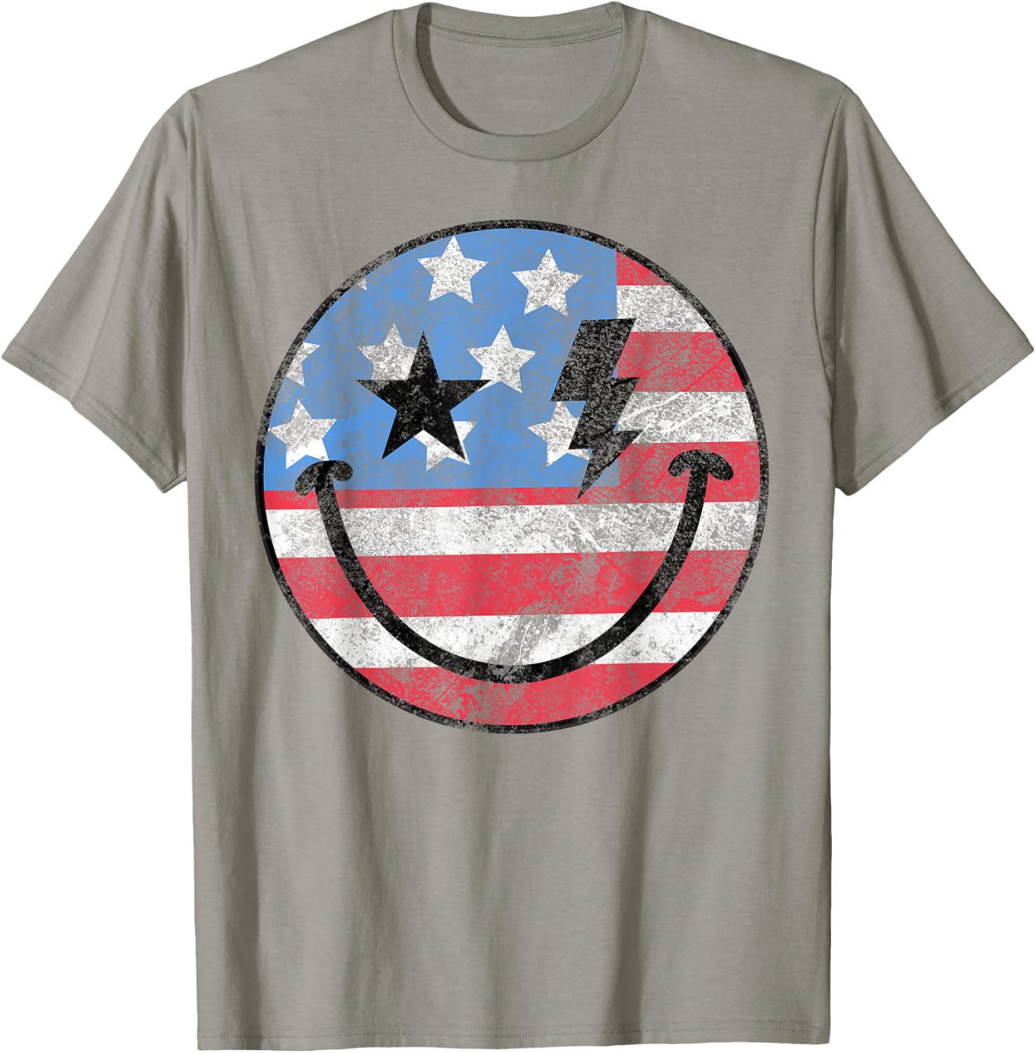 Happy 4th Of July Groovy Smile Face Red White Blue USA Flag T-Shirt - T-Shirt | Sand