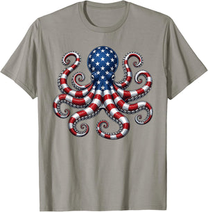 American Flag Octopus Patriotic 4th of July Ocean T-Shirt - T-Shirt | Sand