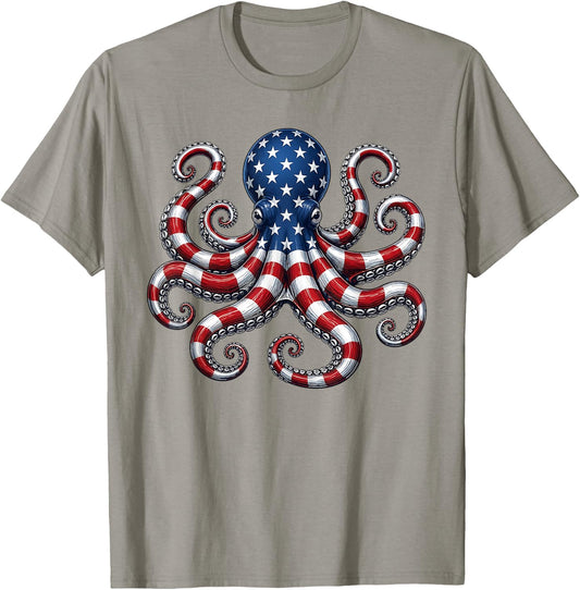 American Flag Octopus Patriotic 4th of July Ocean T-Shirt - T-Shirt | Sand