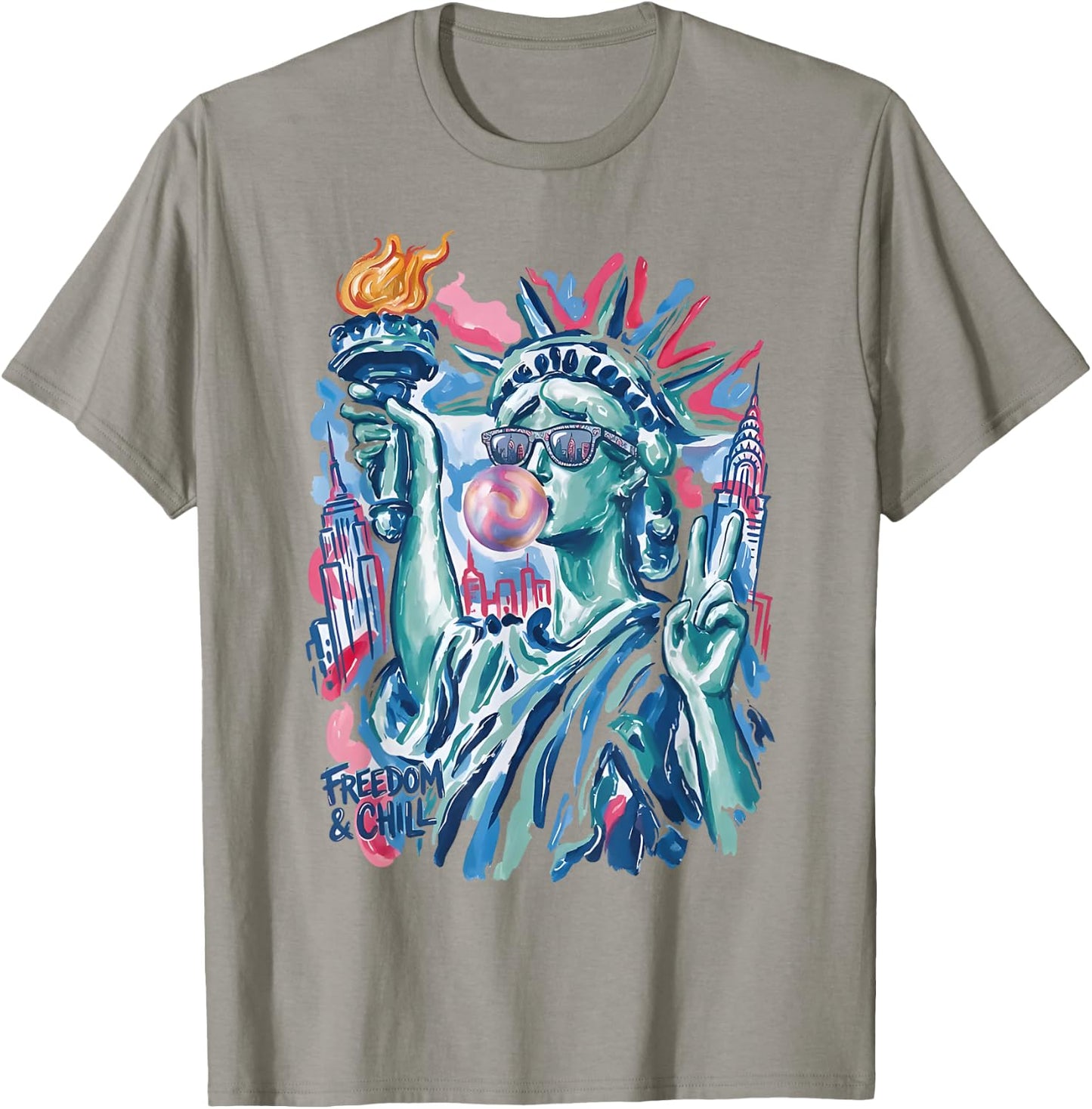 Preppy Statue of Liberty Blowing Bubble Gum 4th of July T-Shirt - T-Shirt | Sand