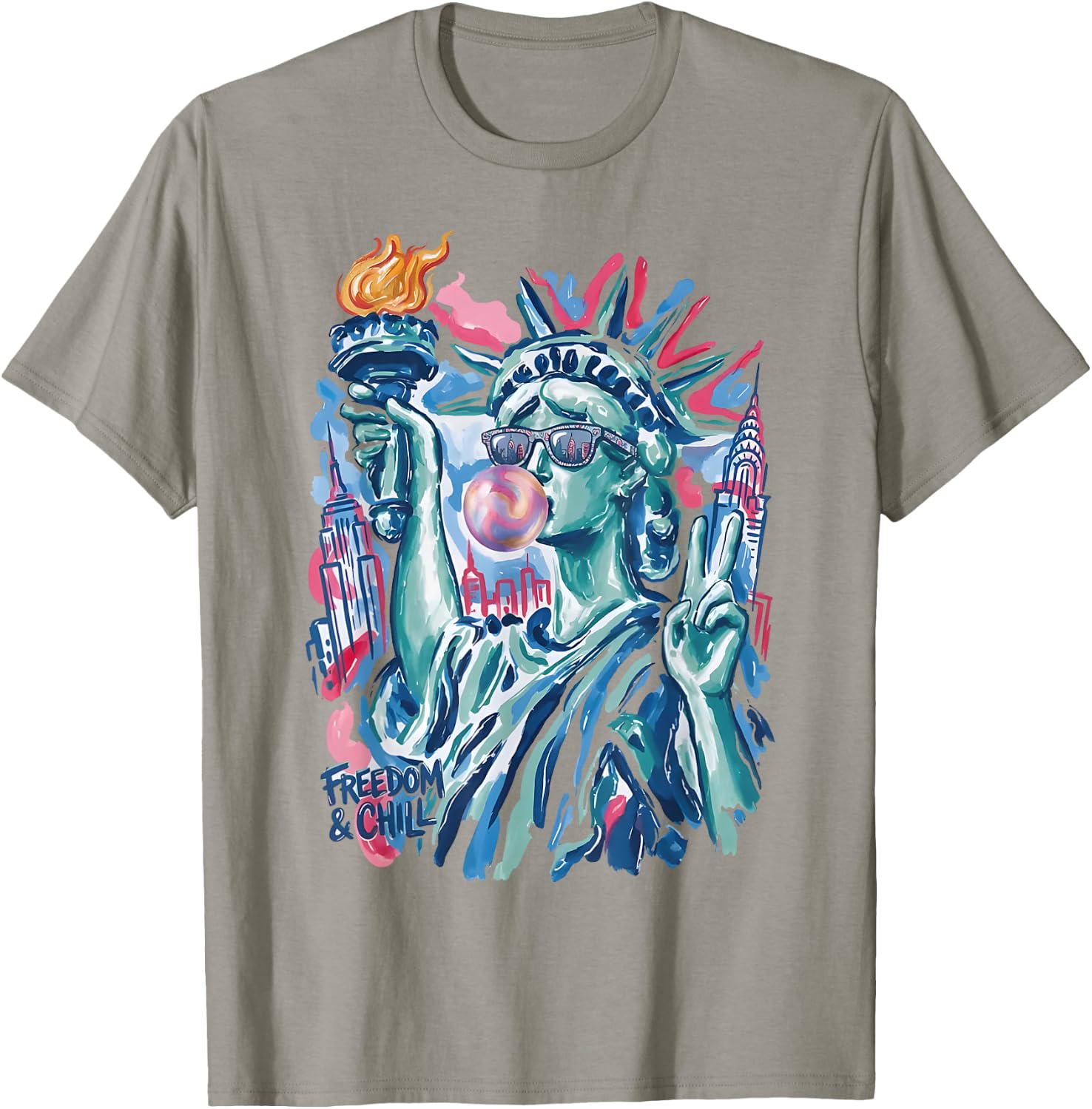 Preppy Statue of Liberty Blowing Bubble Gum 4th of July T-Shirt - T-Shirt | Sand