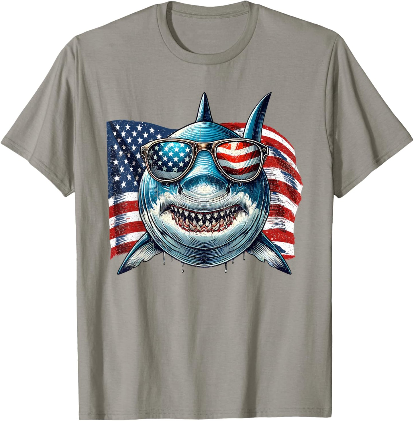 Vintage Shark Lovers US Flag Animals Patriotic Sunglasses T-Shirt - T-Shirt | Sand