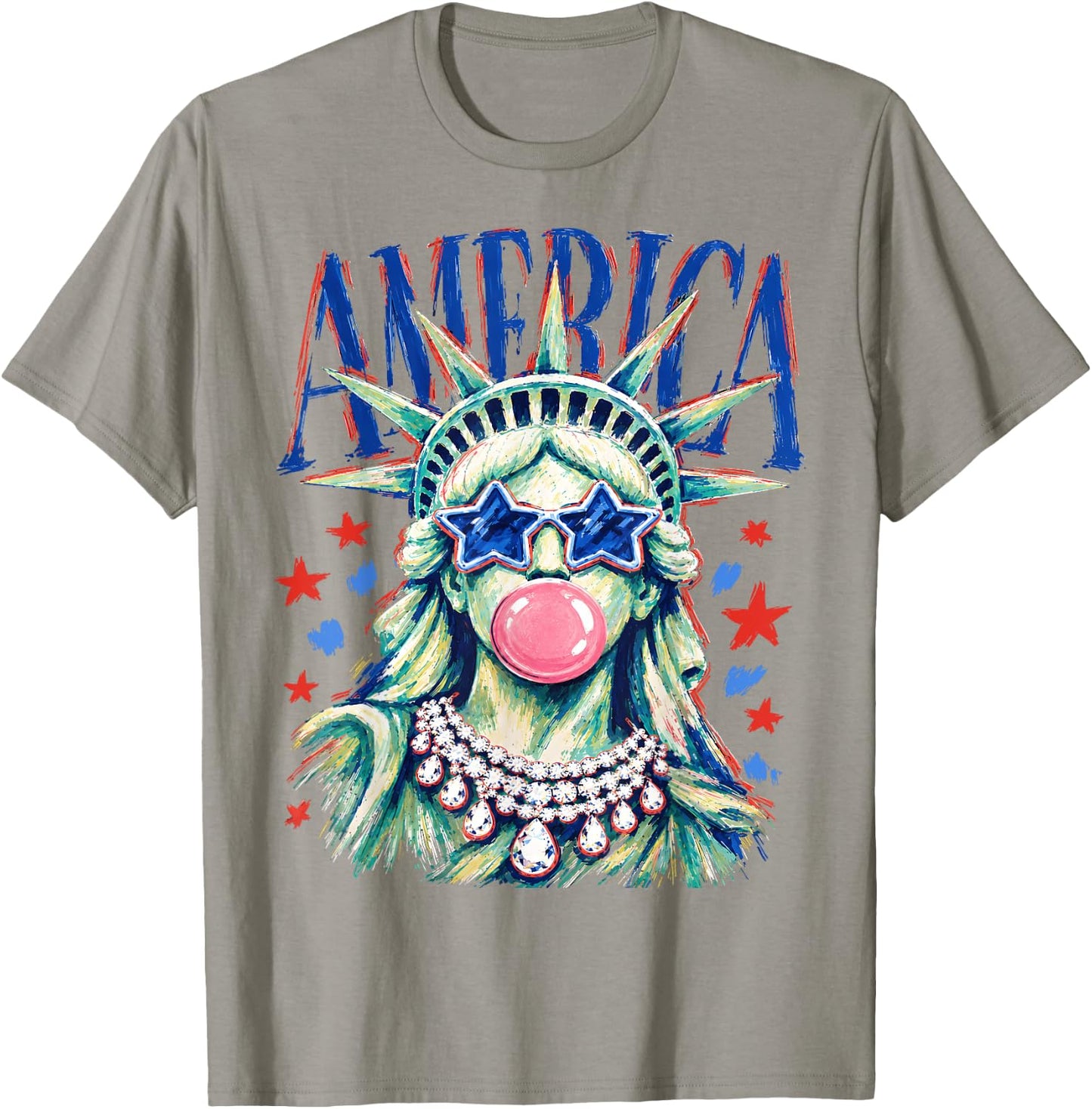 Brushstroke Statue of Liberty Blowing Bubble Gum 4th of July T-Shirt - T-Shirt | Sand