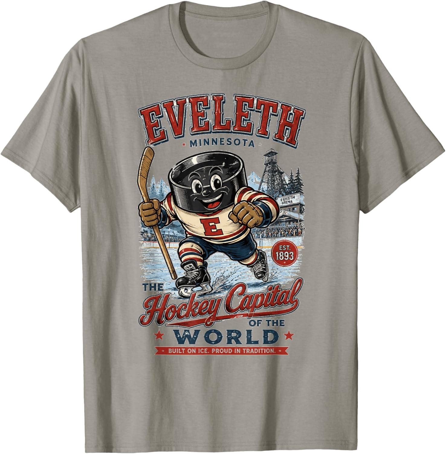 Eveleth Minnesota - Hockey Capital of the World Mascot Logo T-Shirt - T-Shirt | Sand
