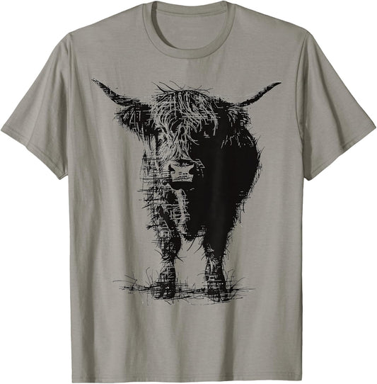 Highland Cow Motif Abstract Drawing Animal Art Highland Cow T-Shirt - T-Shirt | Sand