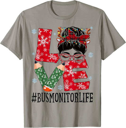 Bus Monitor Love Christmas Messy Bun Reindeer Buffalo Xmas T-Shirt - T-Shirt | Sand