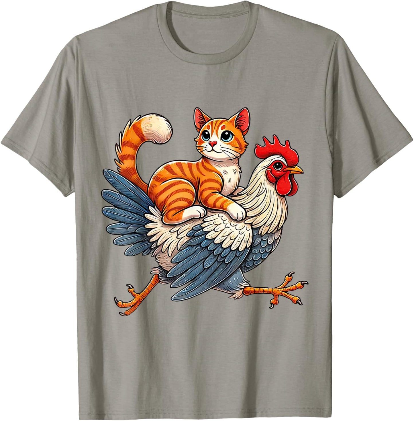 Funny Cat Riding a Chicken Whimsical Cat and Chicken Duo T-Shirt - T-Shirt | Sand