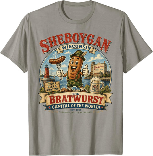 Sheboygan Wisconsin - Bratwurst Capital - Cartoon Mascot T-Shirt - T-Shirt | Sand