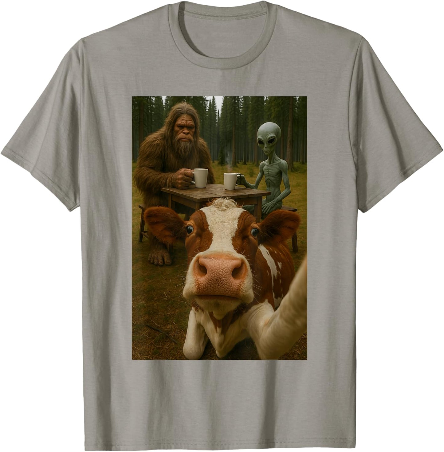 Cow Selfie With Bigfoot Alien T-Shirt - T-Shirt | Sand