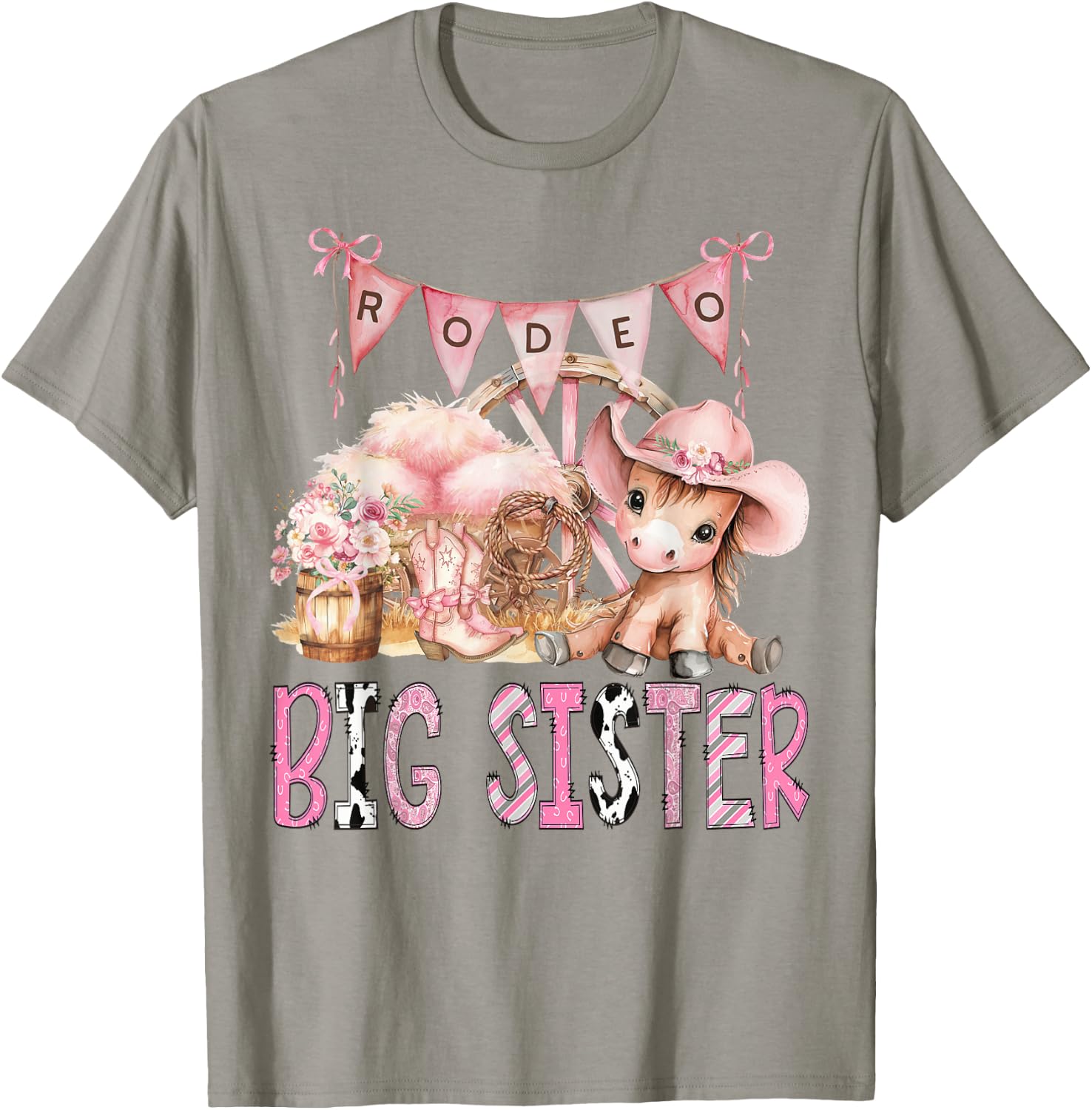 Rodeo Big Sister Pink Cowgirl Coquette 1St Birthday Girl T-Shirt - T-Shirt | Sand