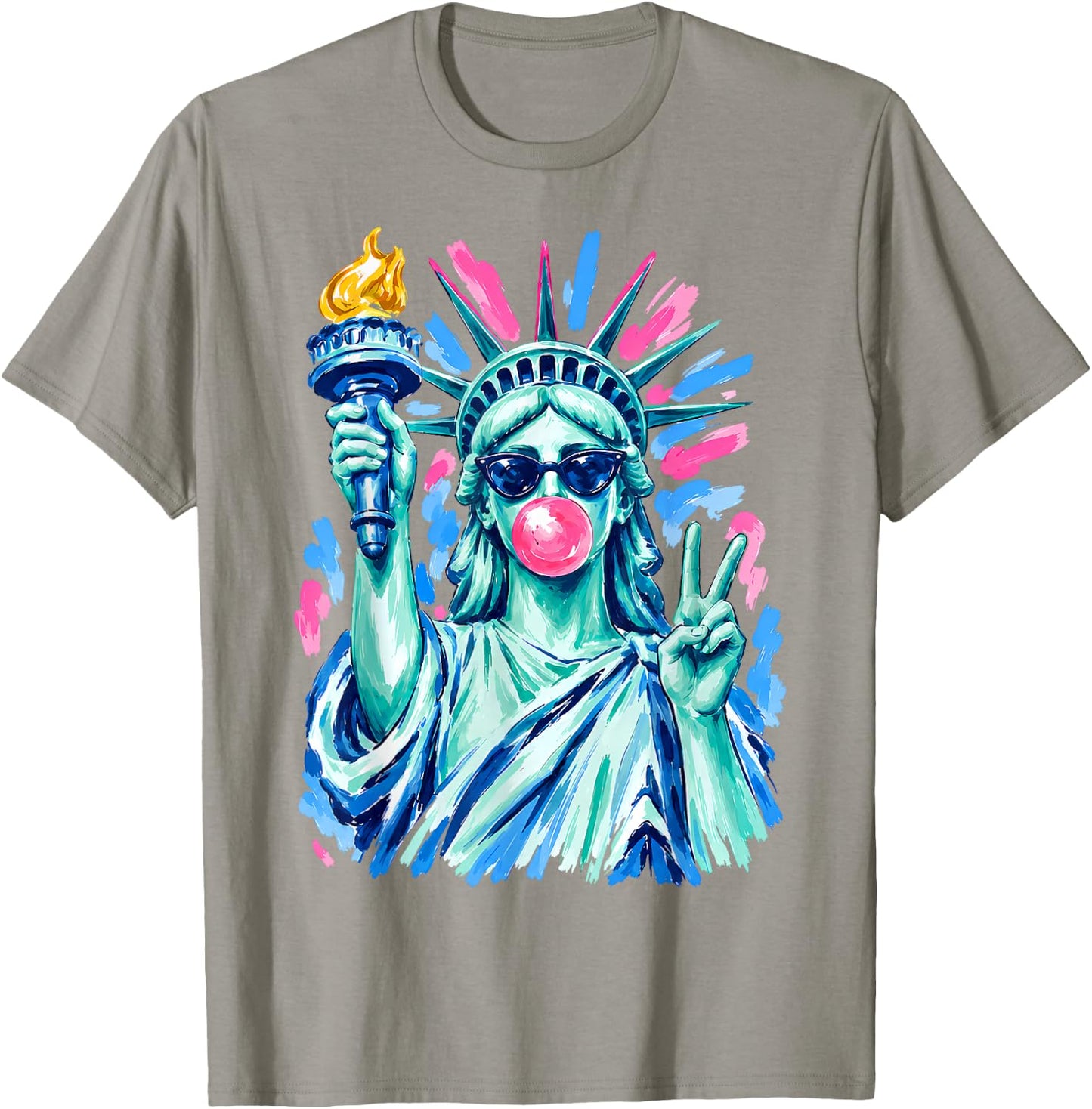 Statue of Liberty Sunglasses Blowing Bubblegum 4th of July T-Shirt - T-Shirt | Sand