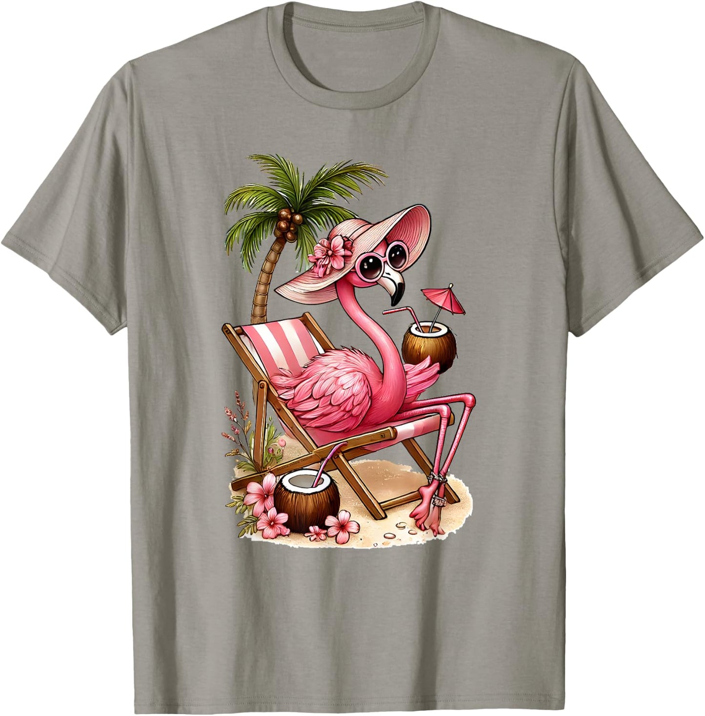 Women's Girls Pink Flamingo Beach Palm Tree Cute Flamingo T-Shirt - T-Shirt | Sand