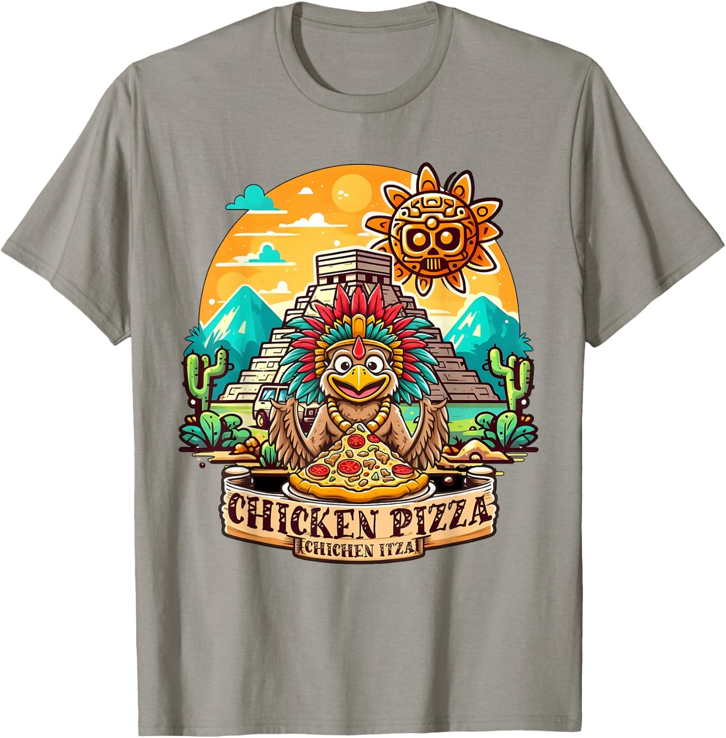 Chichen Itza Chicken Pizza Fun: Quirky Mexico Design T-Shirt - T-Shirt | Sand