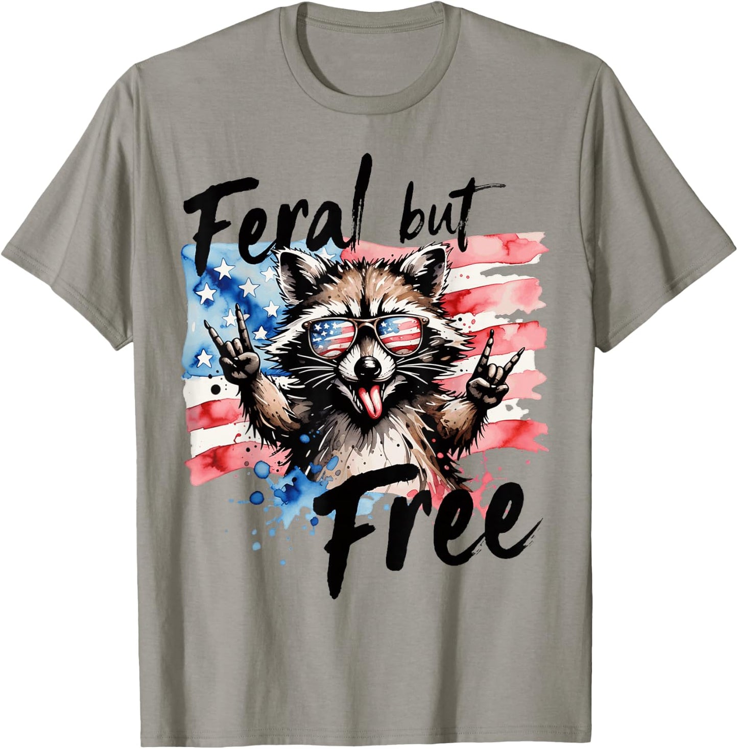 Raccoon Feral But Free 4th of July Patriotic Men Women Kids T-Shirt - T-Shirt | Sand
