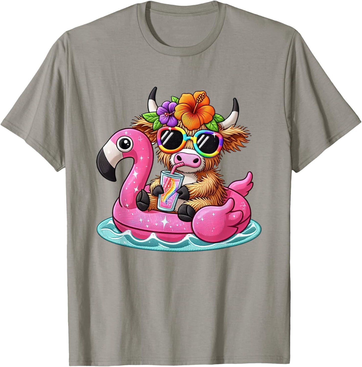 Beach Vibes Sweet Summer Cute Highland Cow Flamingo Float Women Girls Kids T-Shirt - T-Shirt | Sand