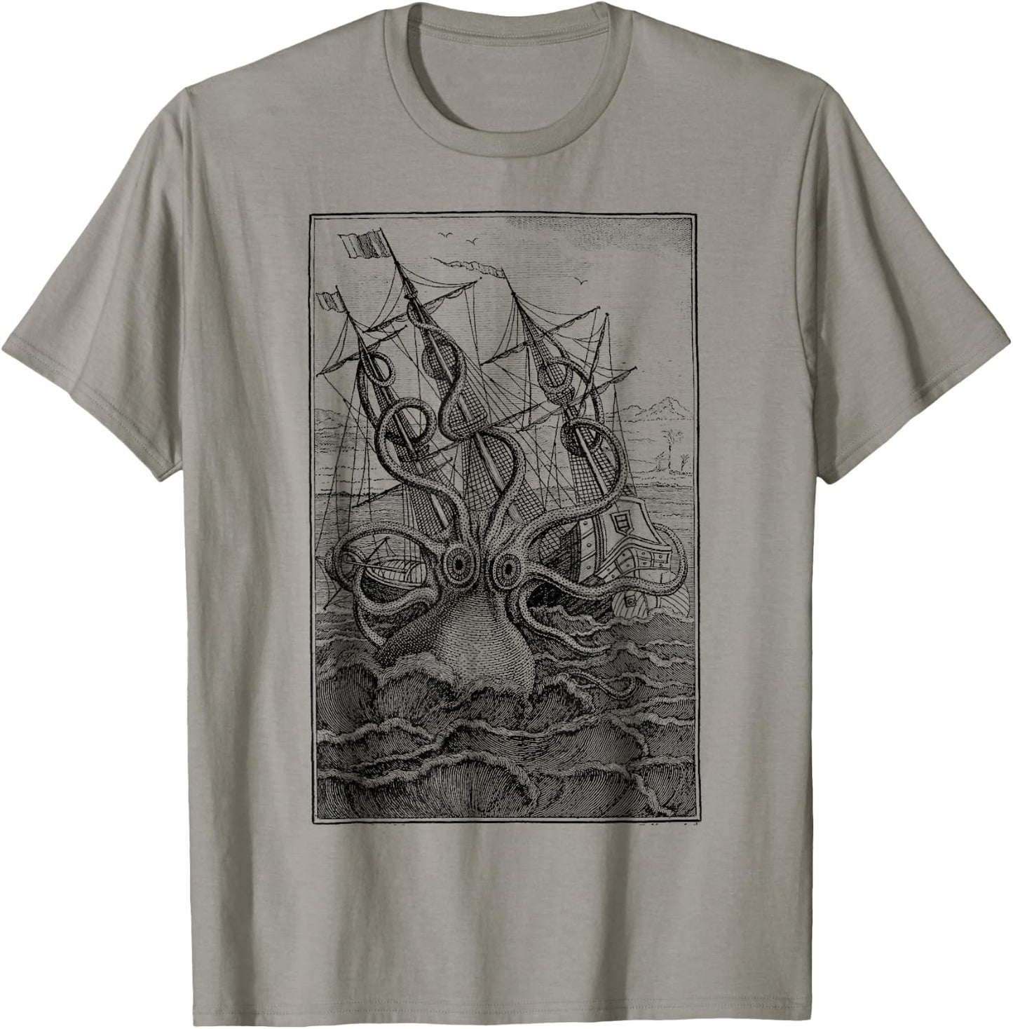 Giant Octopus Pirate Ship Vintage Octopus Sailing Squid T-Shirt - T-Shirt | Sand