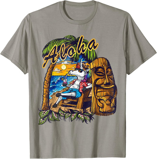 Aloha Hawaii Hawaiian Unicorn Tiki Surf Distressed T-Shirt - T-Shirt | Sand