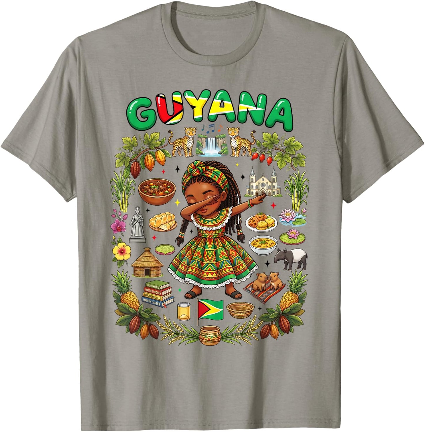 Dabbing Guyana Girl Flag Dress Kaieteur Falls Jaguar Pride T-Shirt - T-Shirt | Sand
