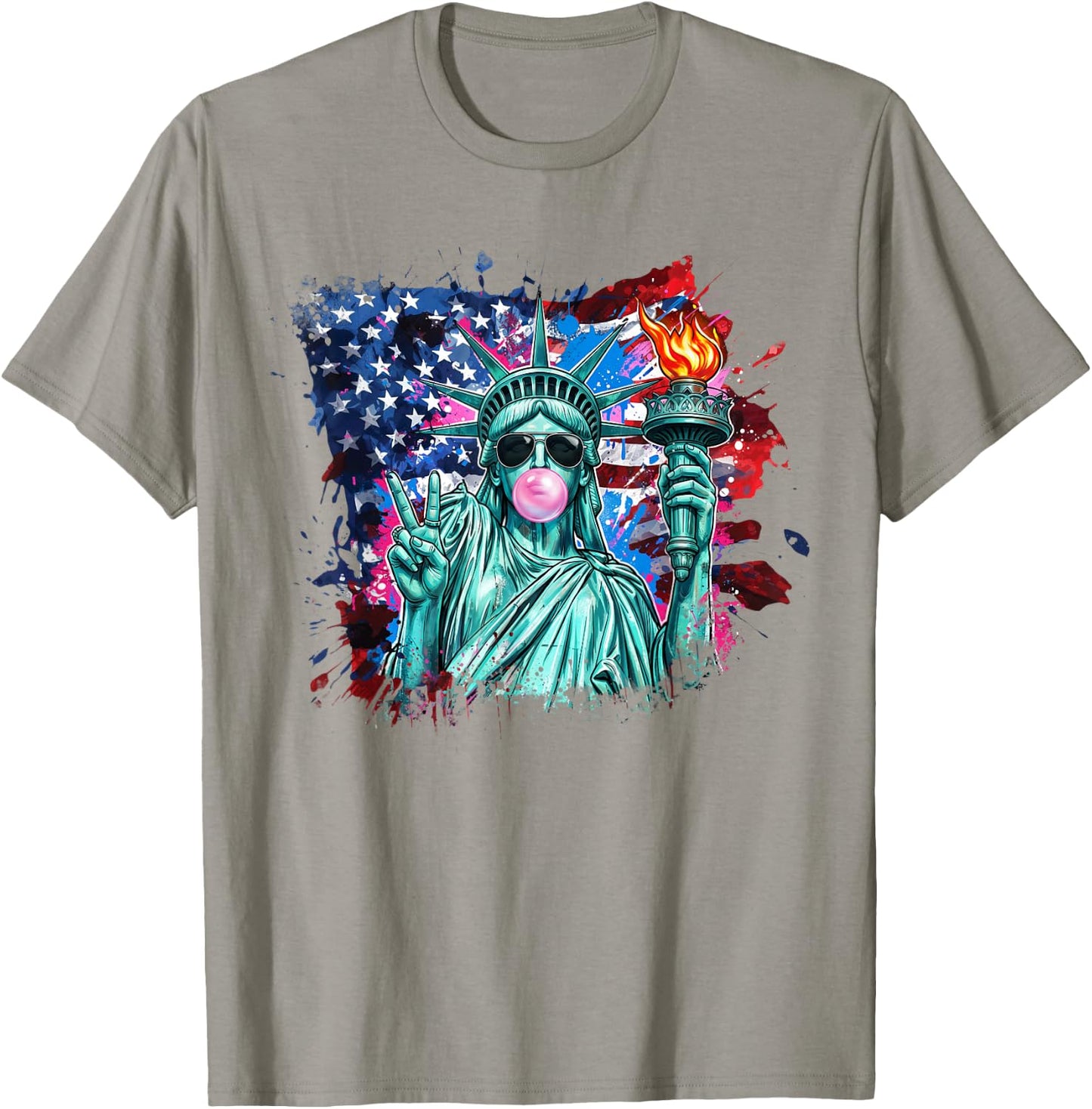 Brushstroke Statue of Liberty Blowing Bubble Gum 4th of July T-Shirt - T-Shirt | Sand