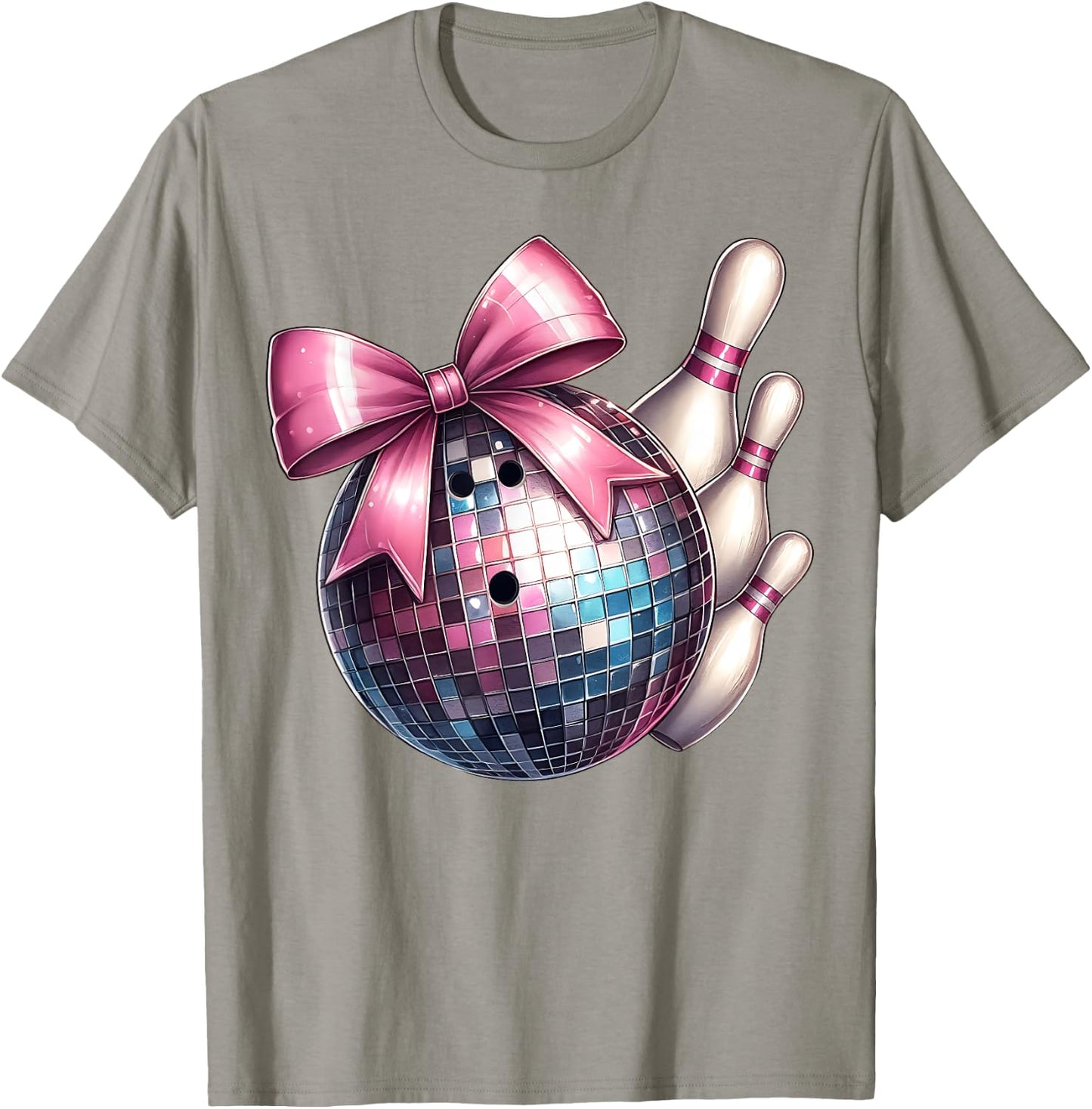 Coquette Bow Bowling Ball Pins Checkered Disco Bowler Mom T-Shirt - T-Shirt | Sand