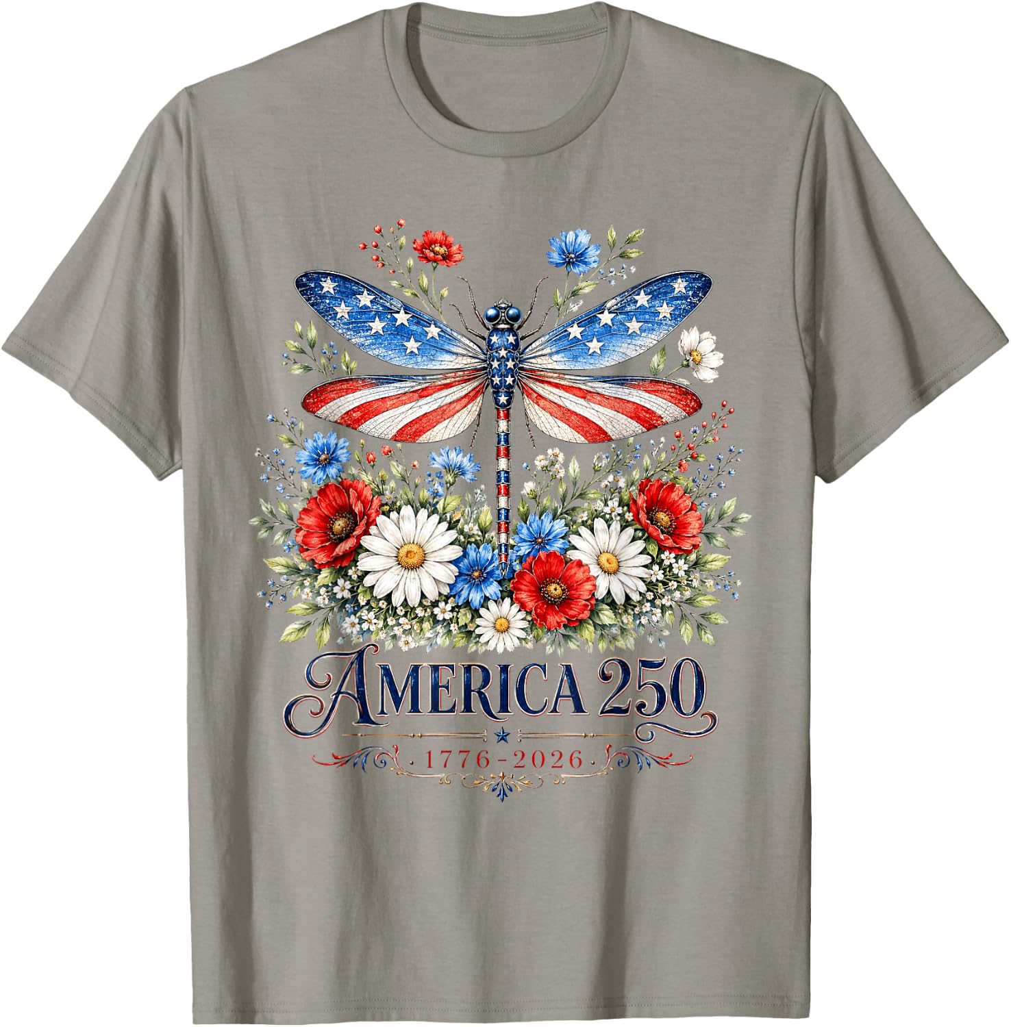 250th Anniversary Dragonfly USA Flag Patriotic 4th of July T-Shirt - T-Shirt | Sand