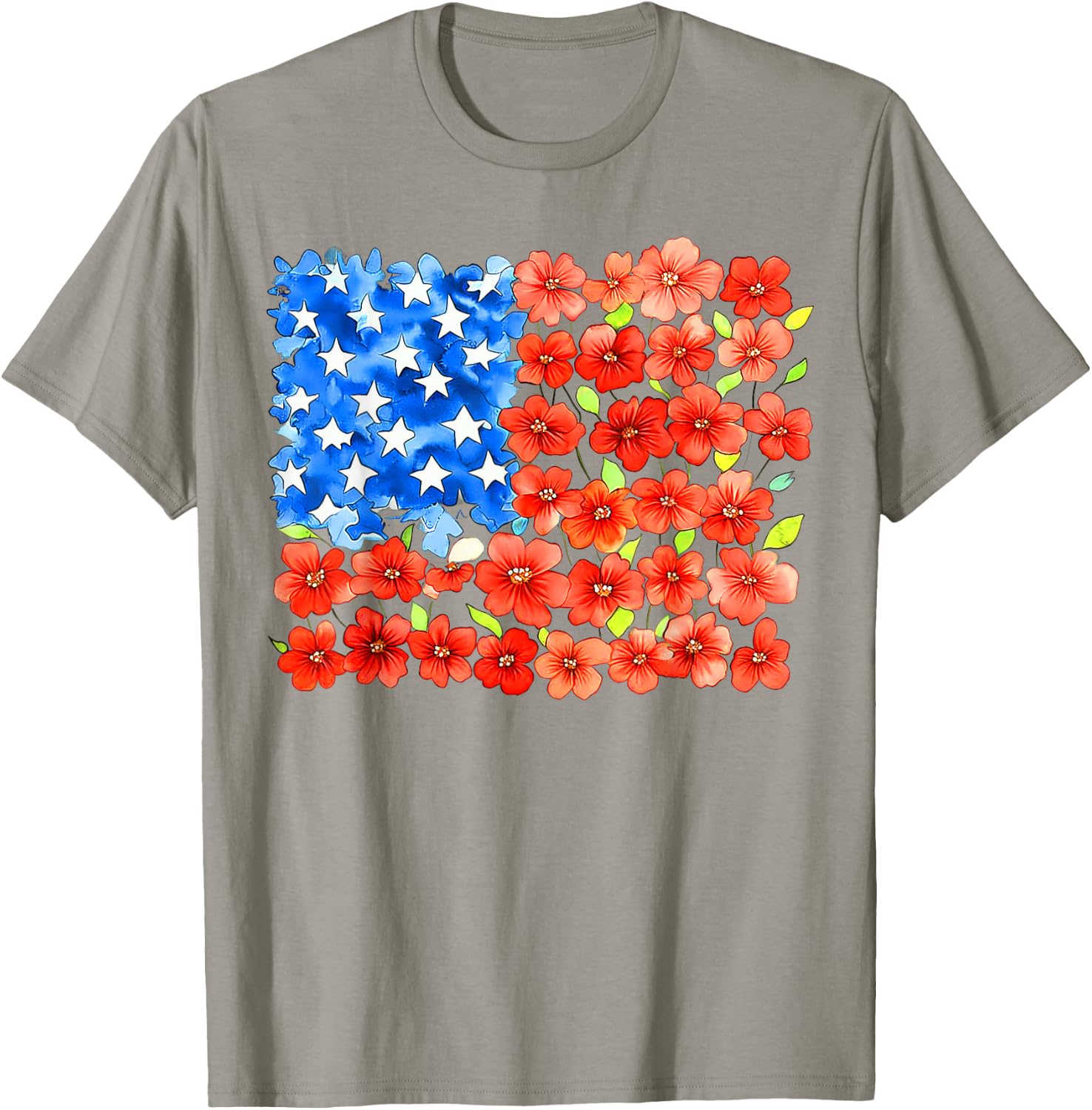 Floral American Flag, Patriotic Flower, 4th of July Floral T-Shirt - T-Shirt | Sand