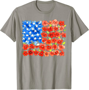 Floral American Flag, Patriotic Flower, 4th of July Floral T-Shirt - T-Shirt | Sand