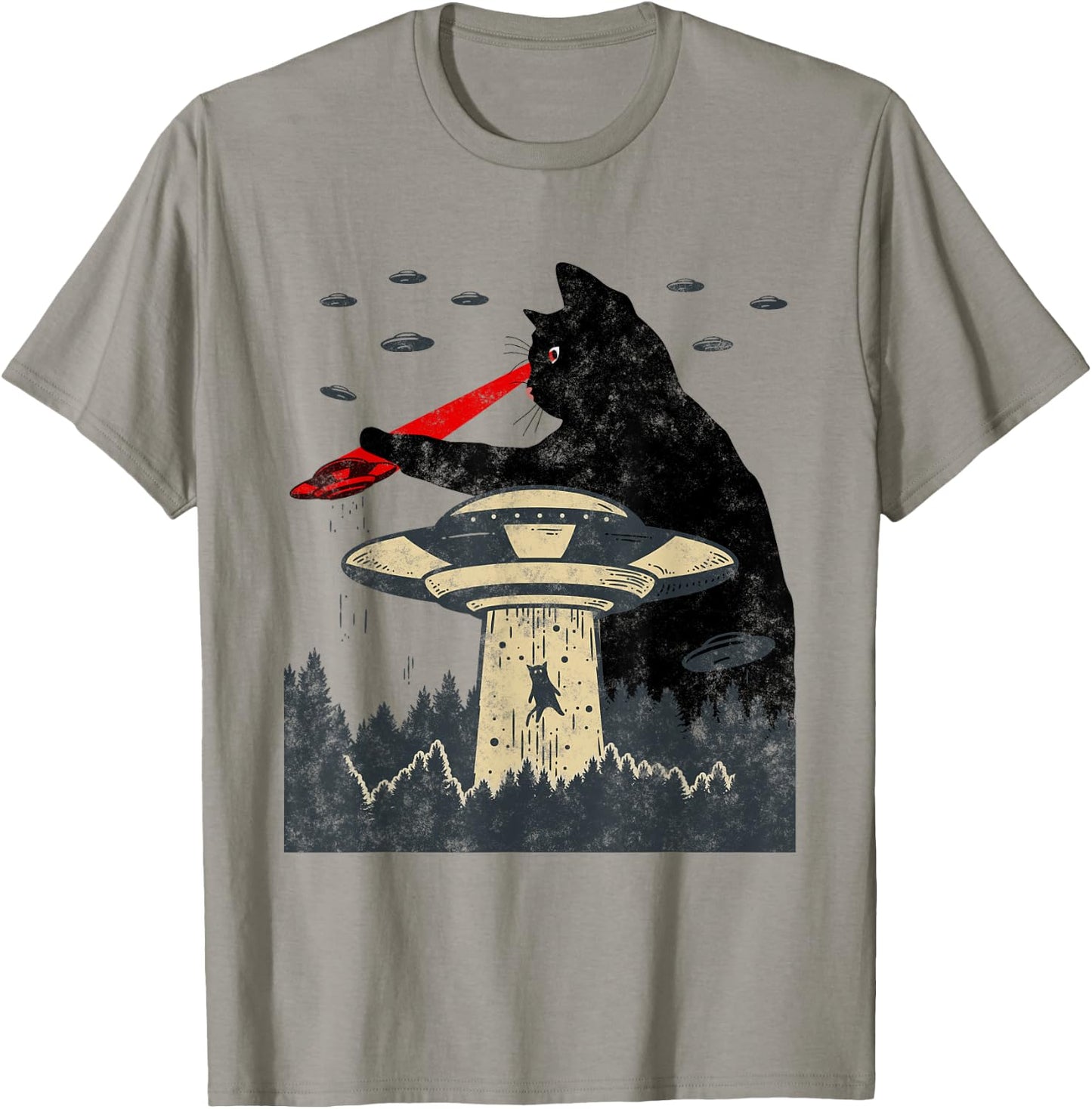 Alien UFO Abduction Laser Eye Funny Cat T-Shirt - T-Shirt | Sand