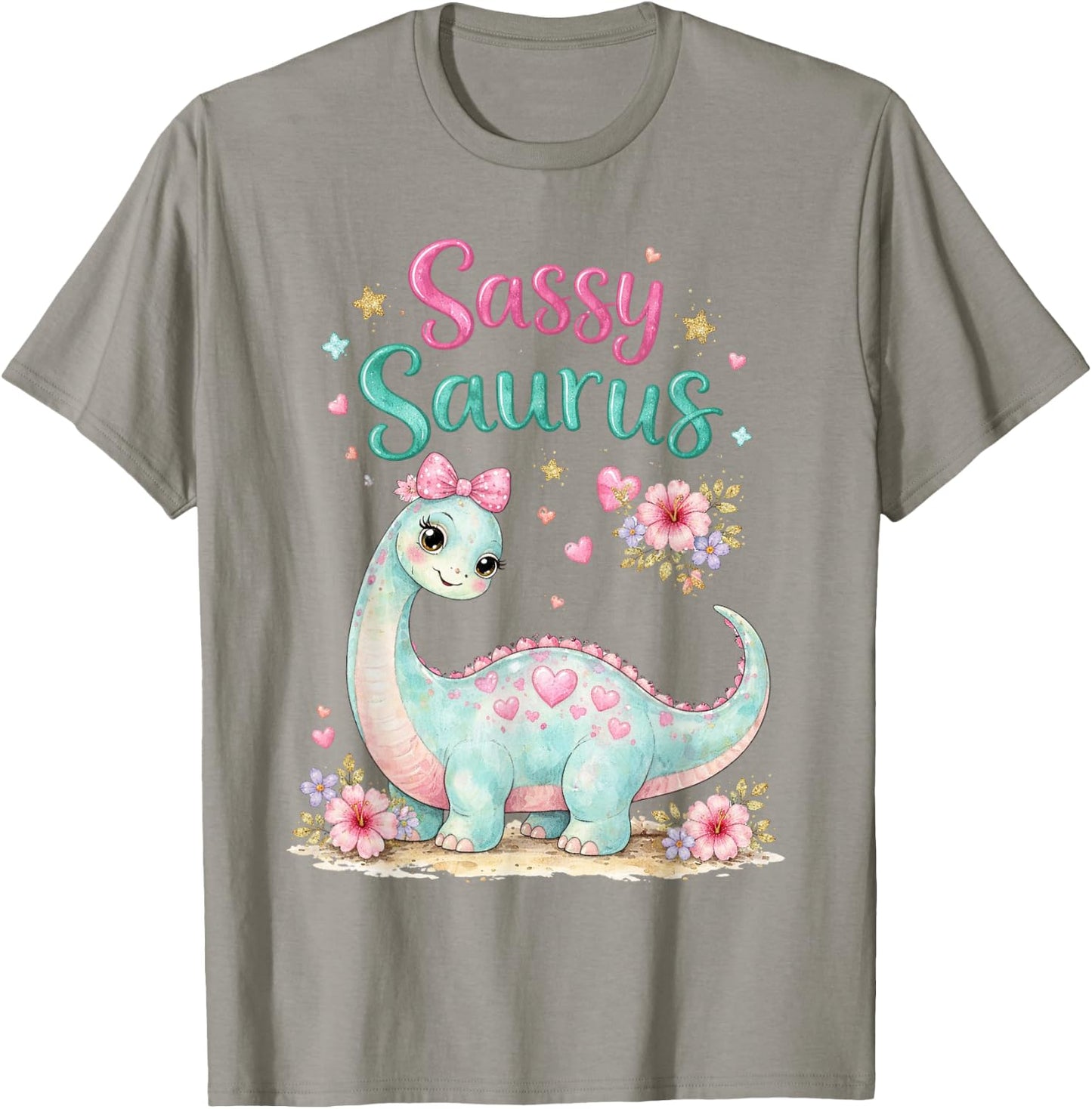 Sassy Saurus Cute Brachiosaurus Girls Toddlers Dinosaur Dino T-Shirt - T-Shirt | Sand