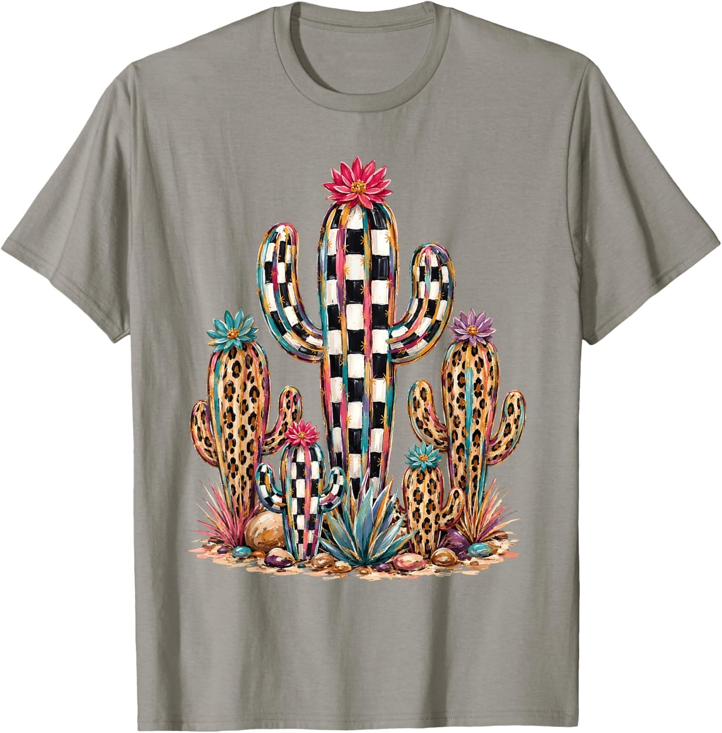 Leopard Checkerboard Cactus Western Desert Graphic T-Shirt - T-Shirt | Sand
