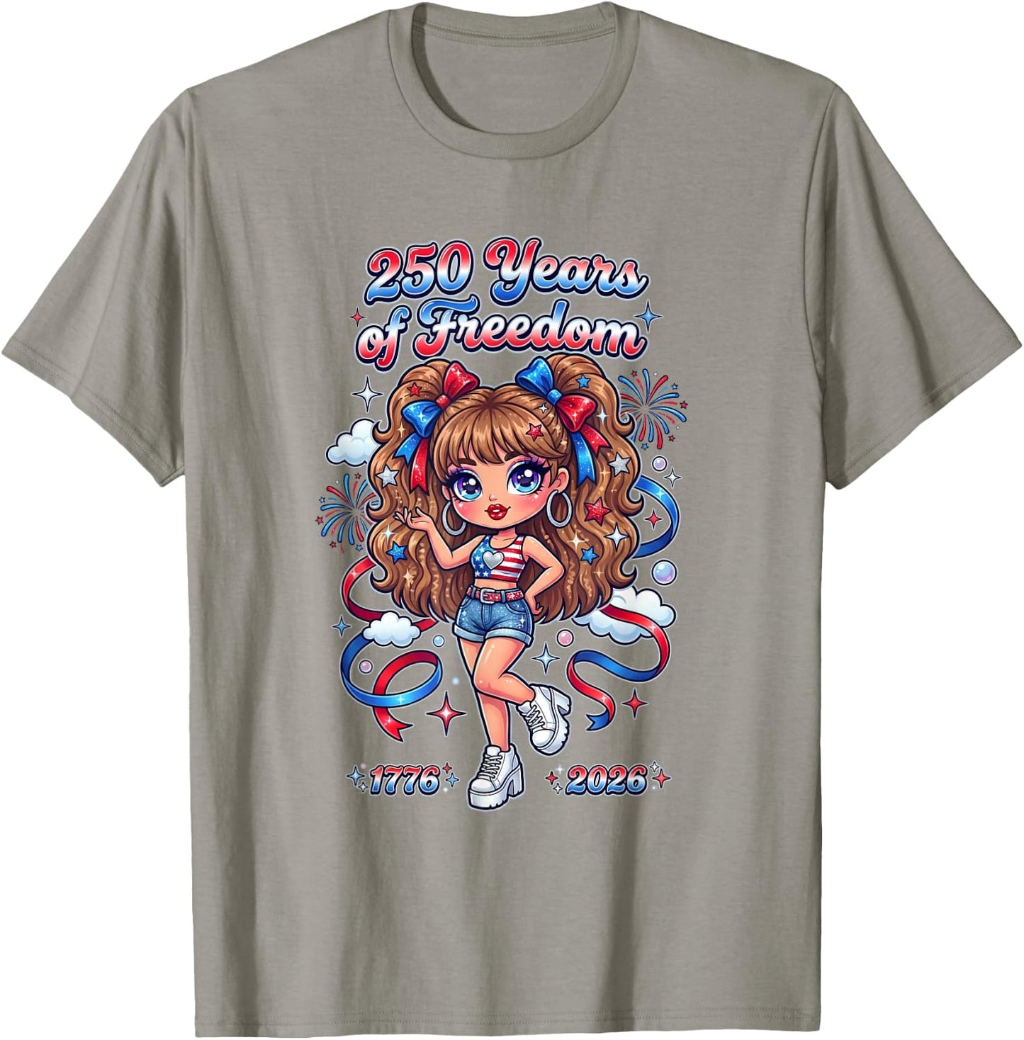 Y2K Red White Blue Bow Girl Celebration Artwork T-Shirt - T-Shirt | Sand