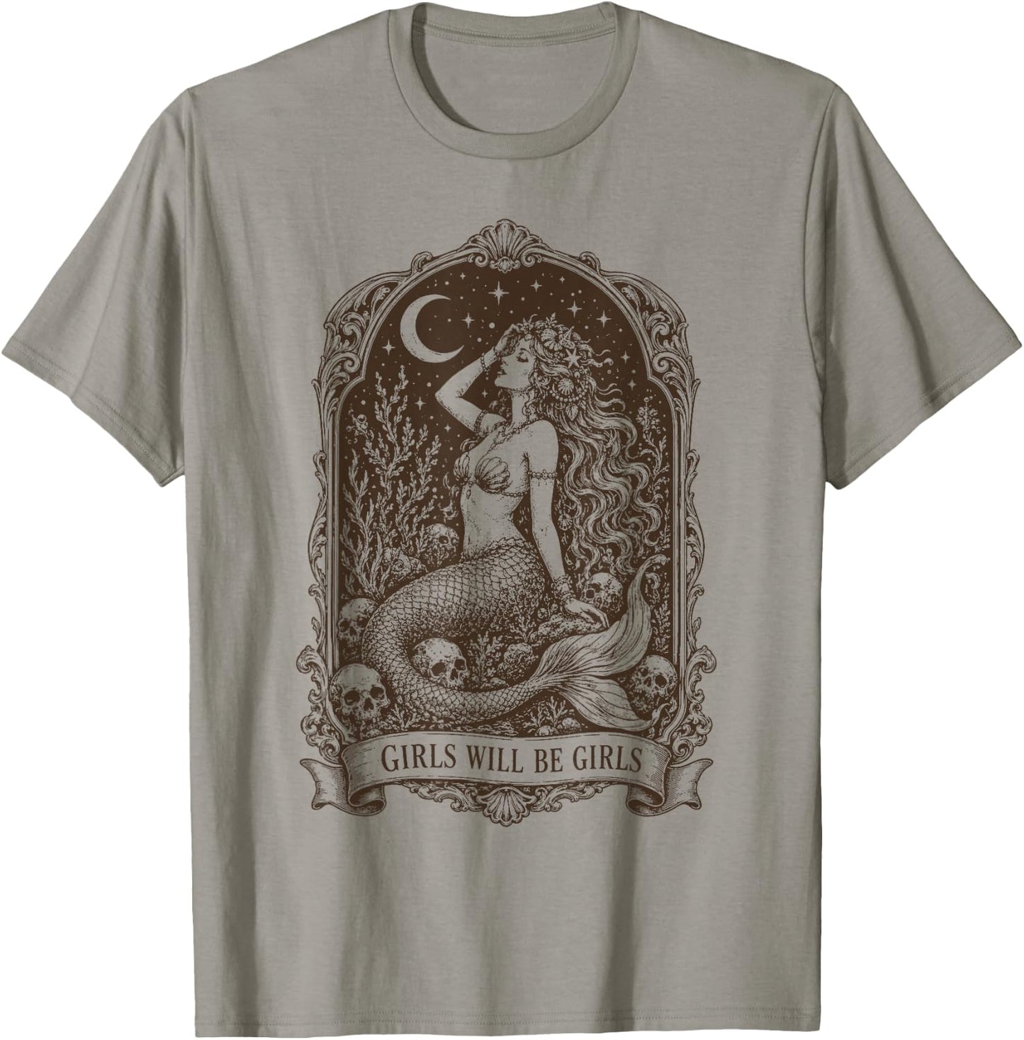 Retro Girls Will Be Girls Mermaid Skull Moon Stars T-Shirt - T-Shirt | Sand