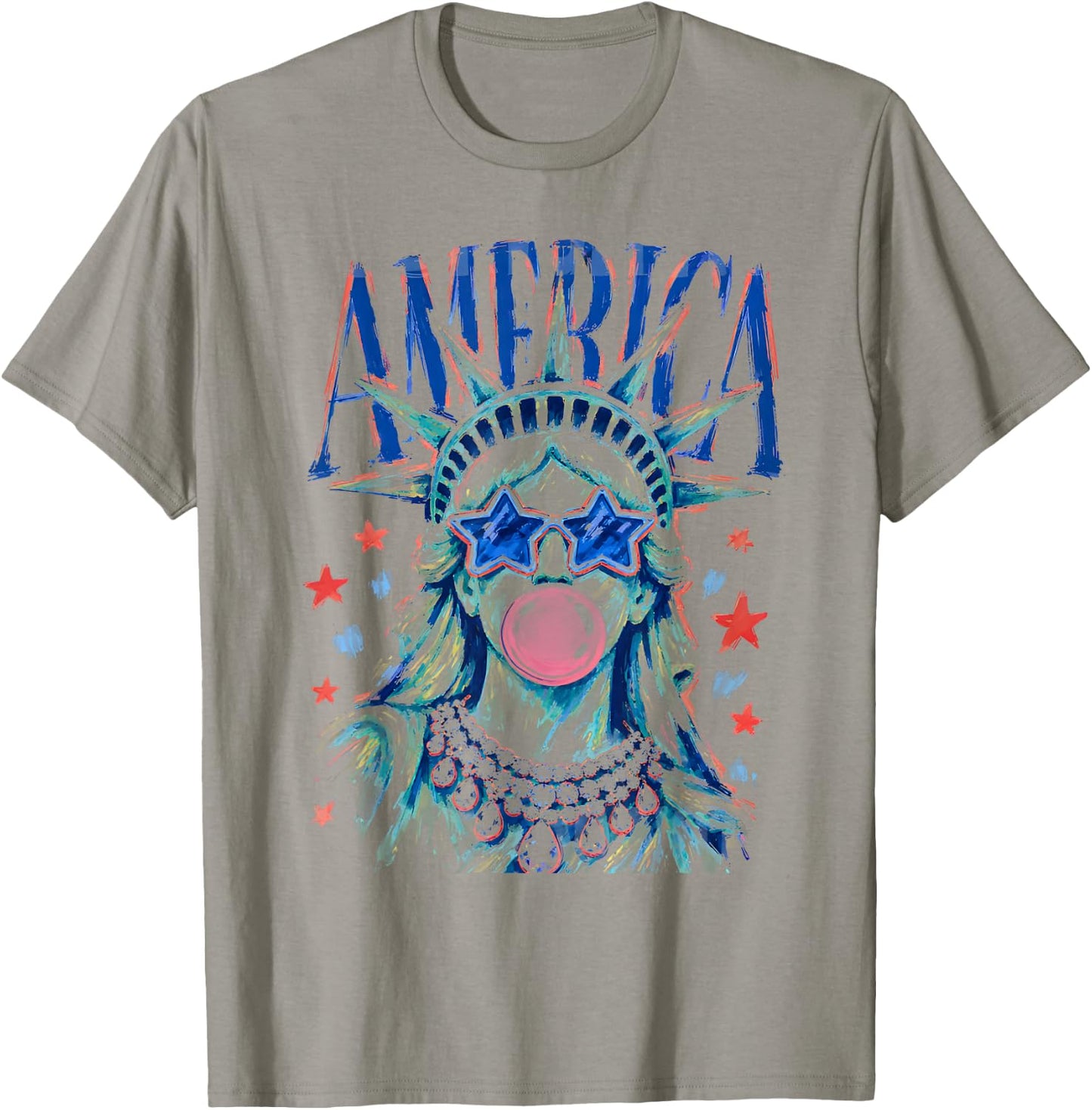 Brushstroke Statue of Liberty Blowing Bubble Gum 4th of July T-Shirt - T-Shirt | Sand