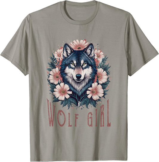 Wolf Girl Loves Wolves Kids Vintage Wolf Floral T-Shirt - T-Shirt | Sand