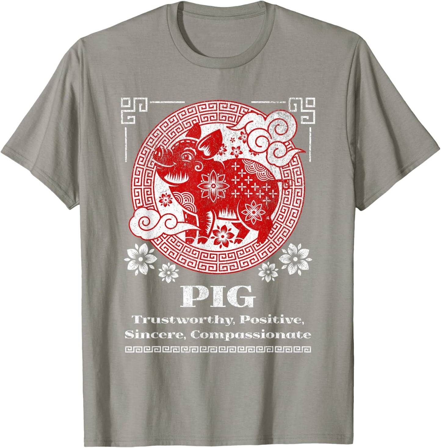 Chinese Zodiac Pig - Red, Small, Short Sleeve, Mandarin Collar, -Adult T-Shirt - T-Shirt | Sand