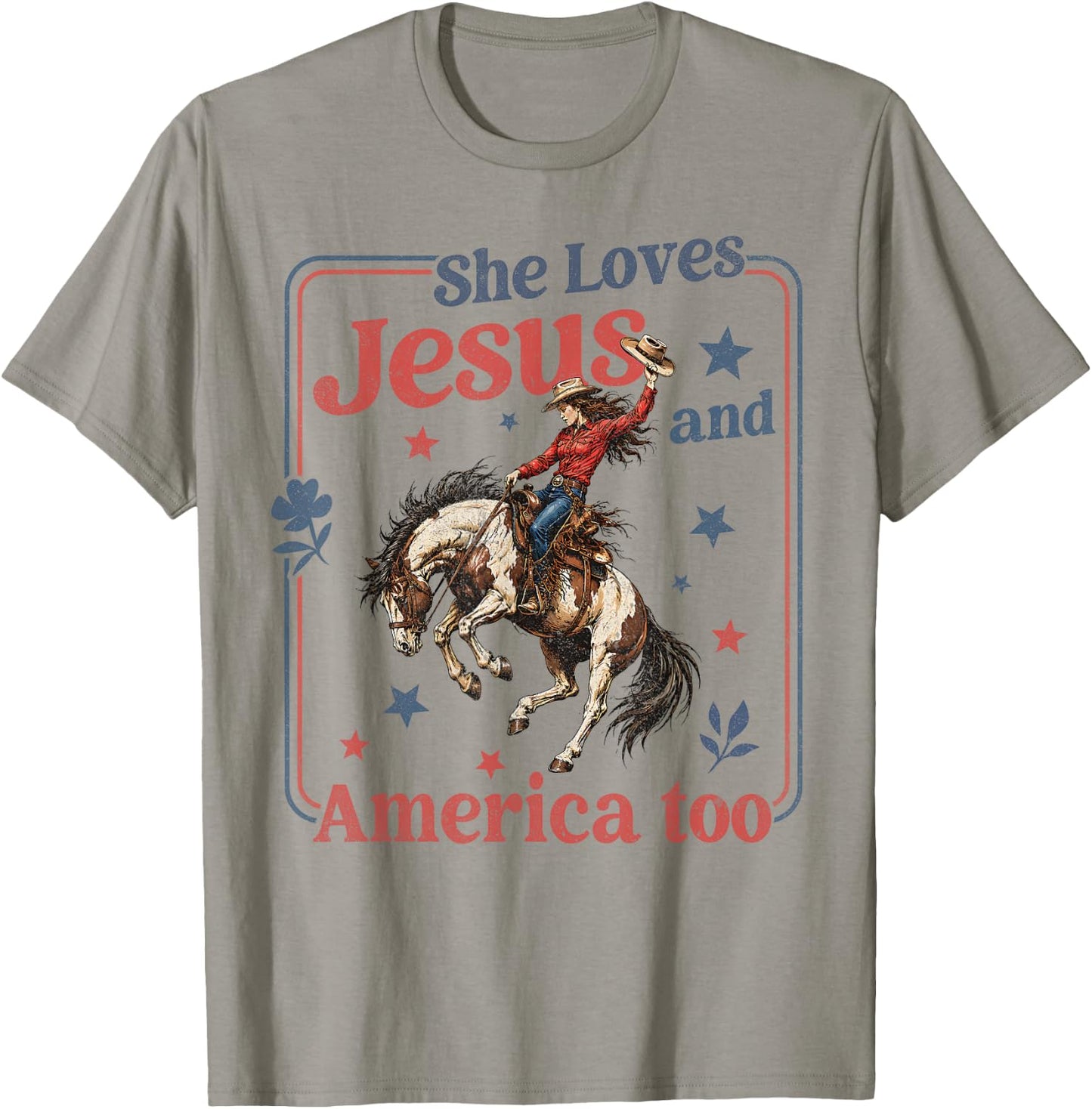 She Loves Jesus & America Too Christian 4th of July Cowgirl T-Shirt - T-Shirt | Sand