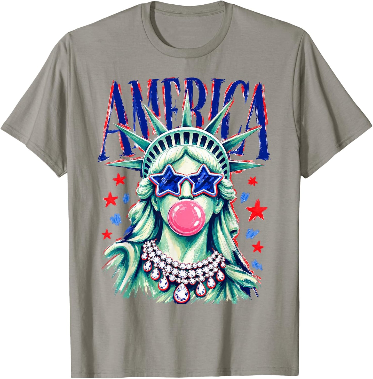 Funny Statue of Liberty Blowing Bubble USA America 4th July T-Shirt - T-Shirt | Sand