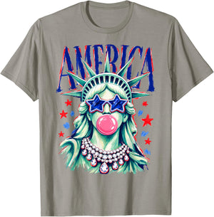 Funny Statue of Liberty Blowing Bubble USA America 4th July T-Shirt - T-Shirt | Sand
