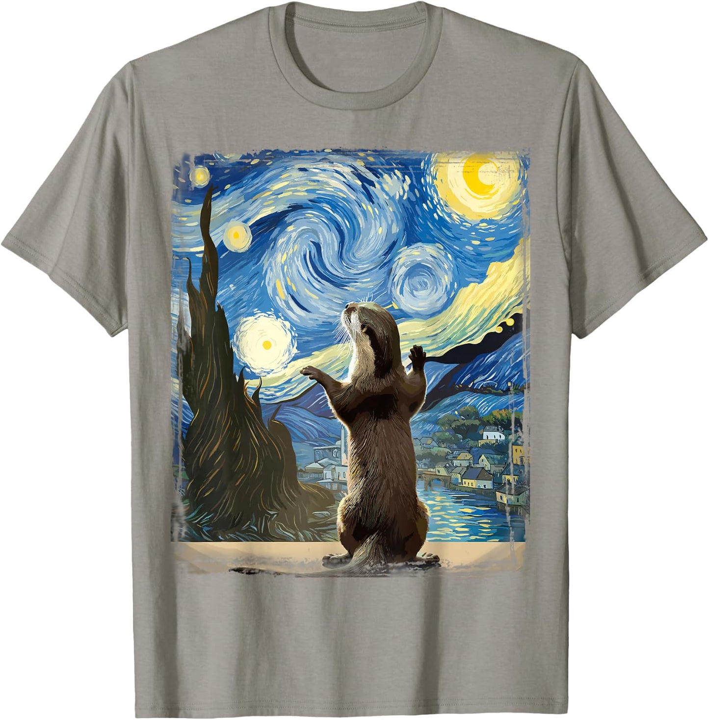 Van Gogh Style Starry Night Otter T-Shirt - T-Shirt | Sand