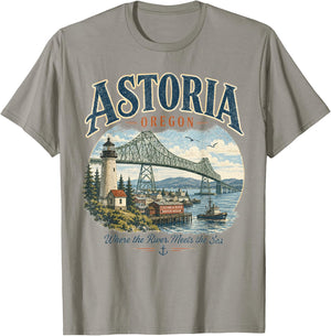 Astoria Oregon- Vintage Columbia River Lighthouse & Bridge T-Shirt - T-Shirt | Sand