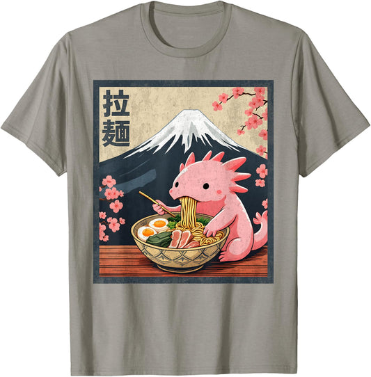 Kawaii Axolotl Eating Ramen Anime T-Shirt - T-Shirt | Sand