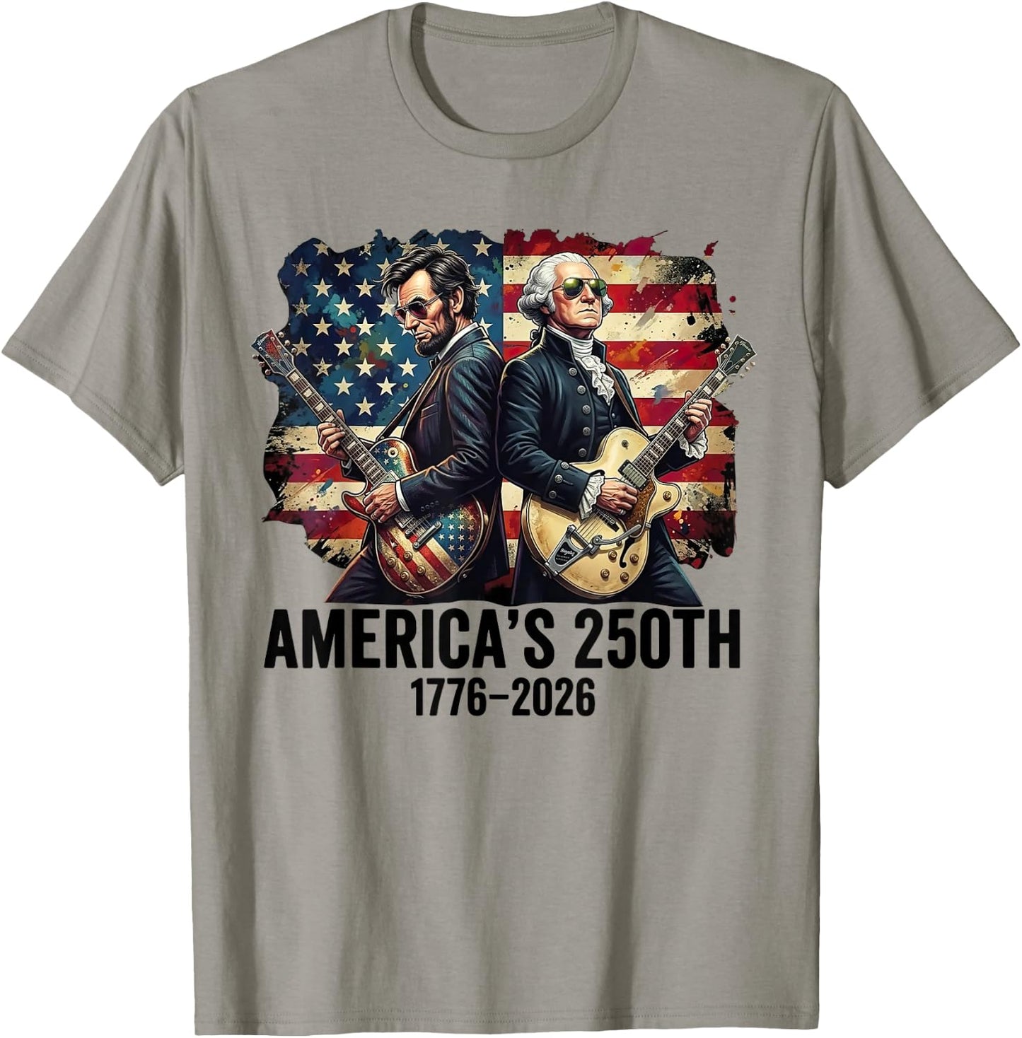 George Washington Abe Lincoln Playing Guitar 250th America T-Shirt - T-Shirt | Sand