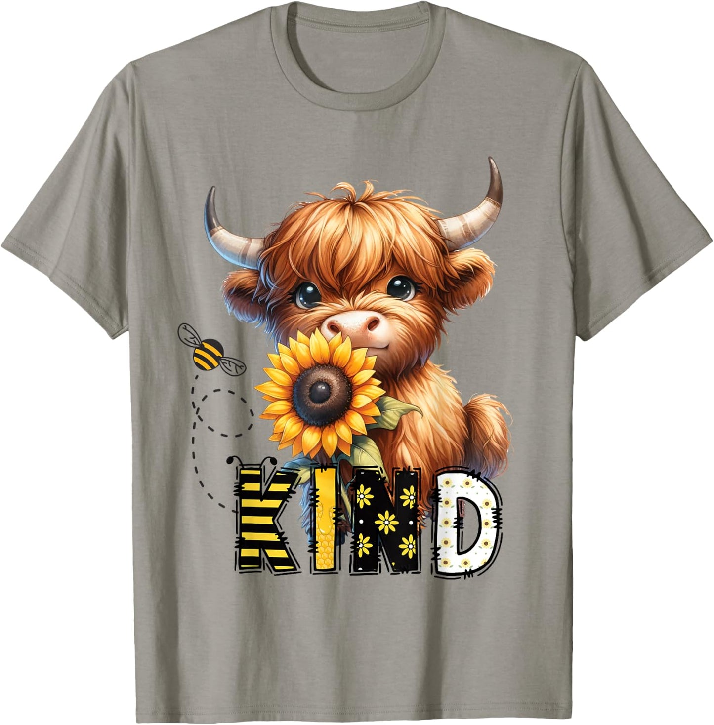 Be Kind Adorable Highland Cow Sunflower Affirmation Kindness , white, S T-Shirt - T-Shirt | Sand