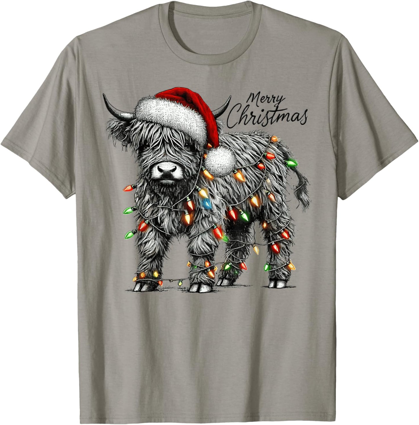 Mooey Christmas Western Highland Cow Santa T-Shirt - T-Shirt | Sand