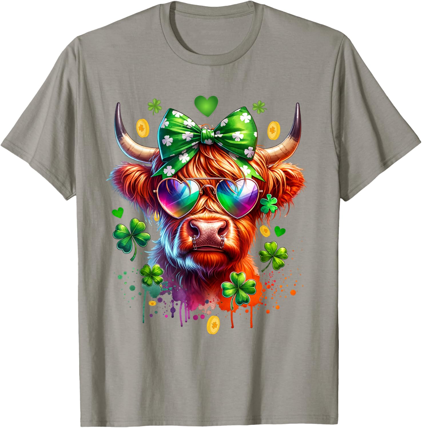 Cute Highland Cow With Sunglasses St Patricks Day Funny T-Shirt - T-Shirt | Sand