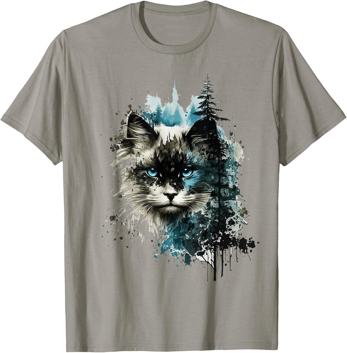 Cat Blue Eyes Cat Pattern Art Forest Animal Cat T-Shirt - T-Shirt | Sand