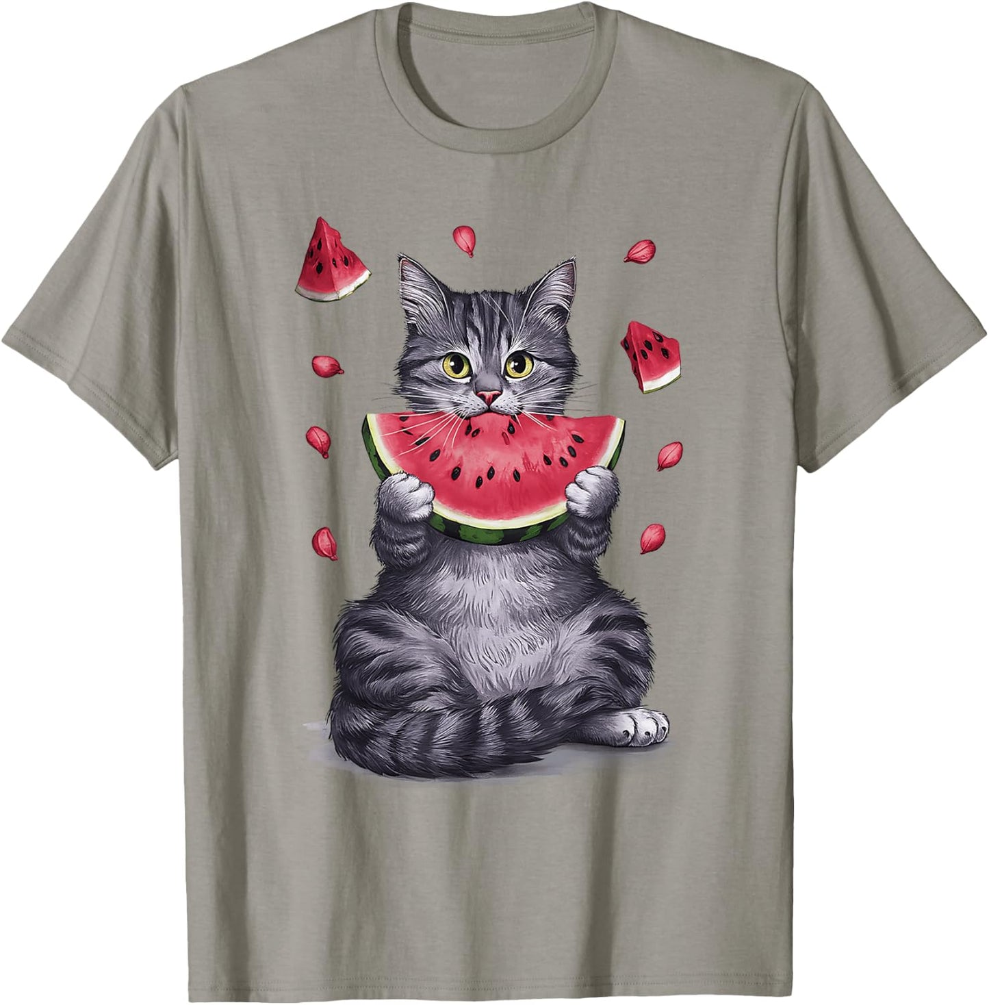 Cute Cat Eating Watermelon Fruit Summer Men Women Girls T-Shirt - T-Shirt | Sand