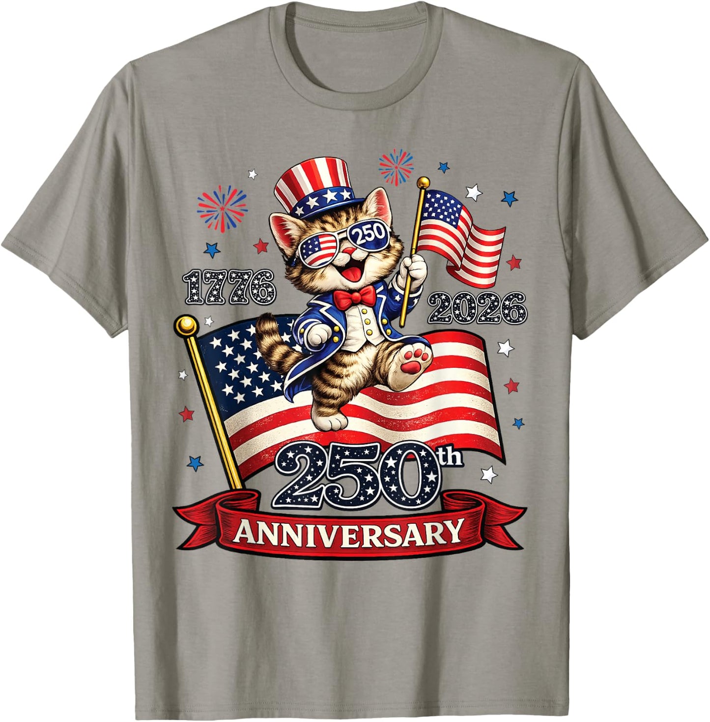 250 Anniversary USA Patriotic Cat 4th of July 2026 T-Shirt - T-Shirt | Sand
