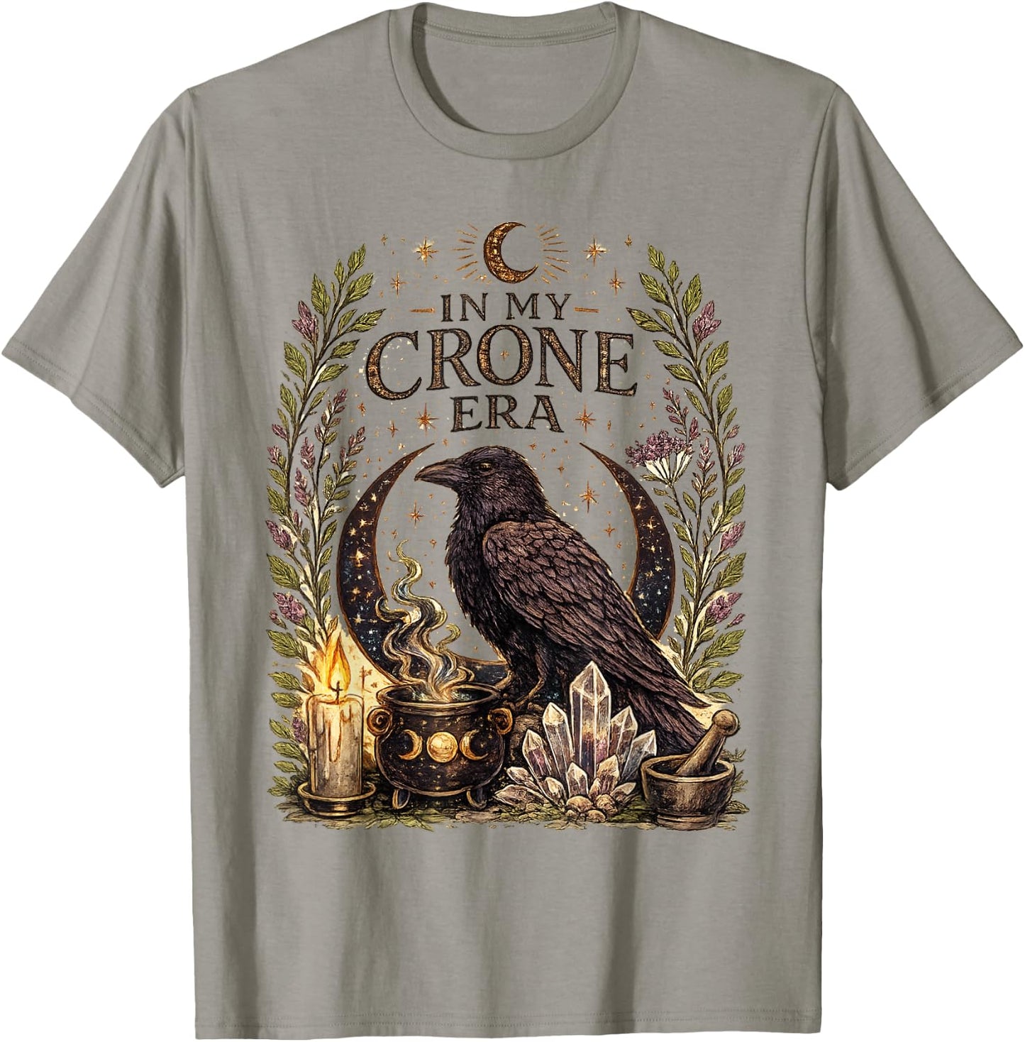 in My Crone Era Witchy Raven Cauldron Goth Witch T-Shirt - T-Shirt | Sand