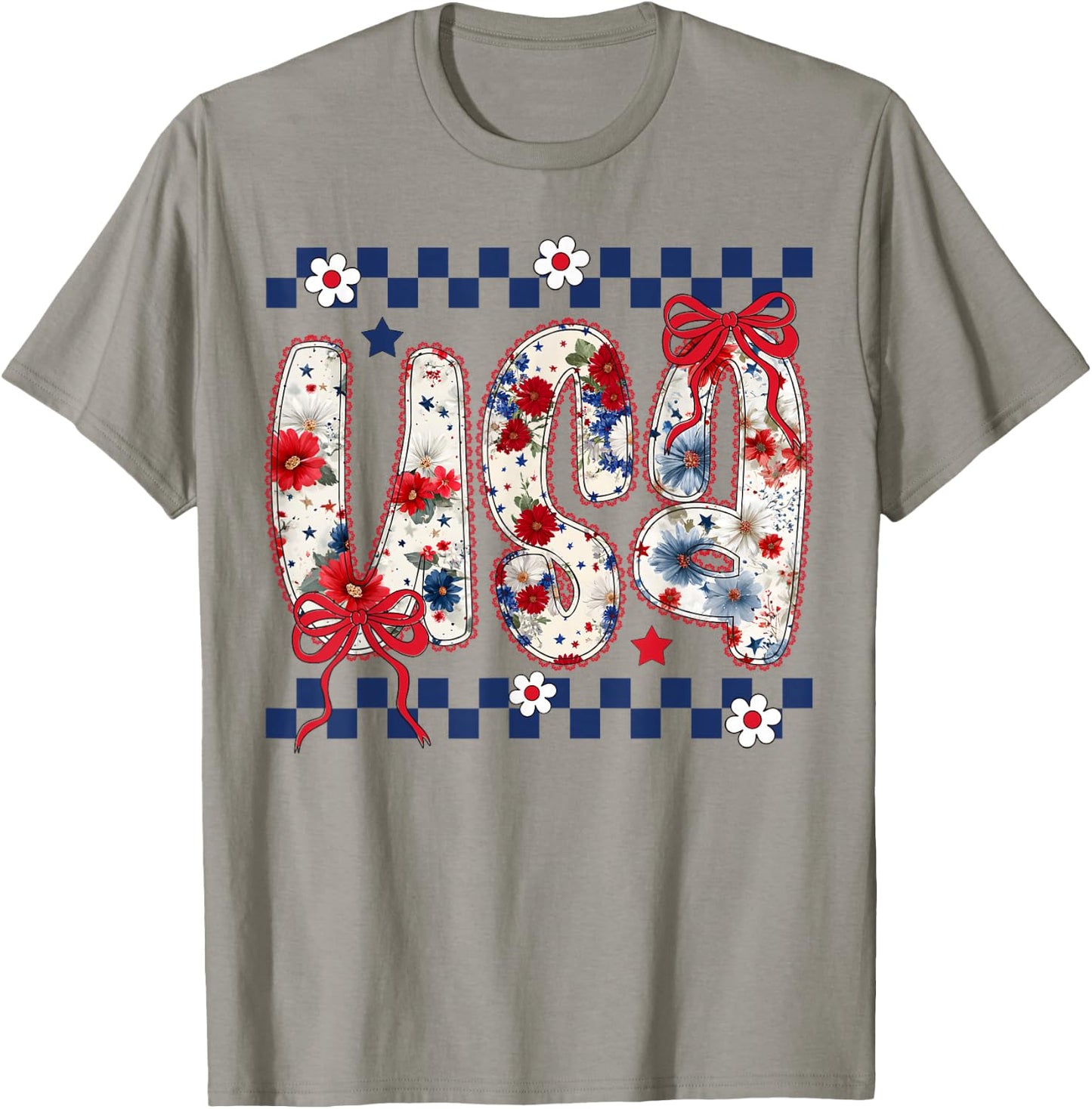 Cute USA Bow Floral Coquette 4th of July Girls T-Shirt - T-Shirt | Sand